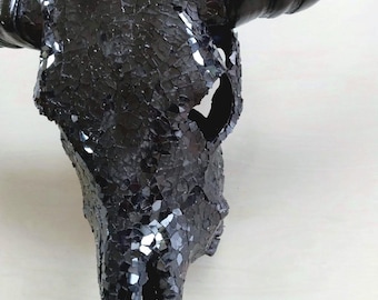 SKULL art glass mosaic black mixed buffalo skull mirror