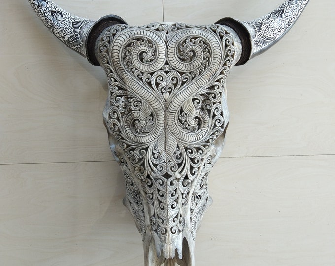 carve cow skull carving BOHO with carved  horn tatto for wall decor