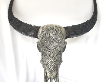 Carved Buffalo Skull and horn : Mandala Horn wall Decor