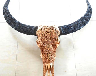 Carved Buffalo Skull – Natural Bone Mandala Wall Art | Handcrafted Balinese Tribal Decor | Boho Rustic Home Wall Hanging | Ethically Sourced