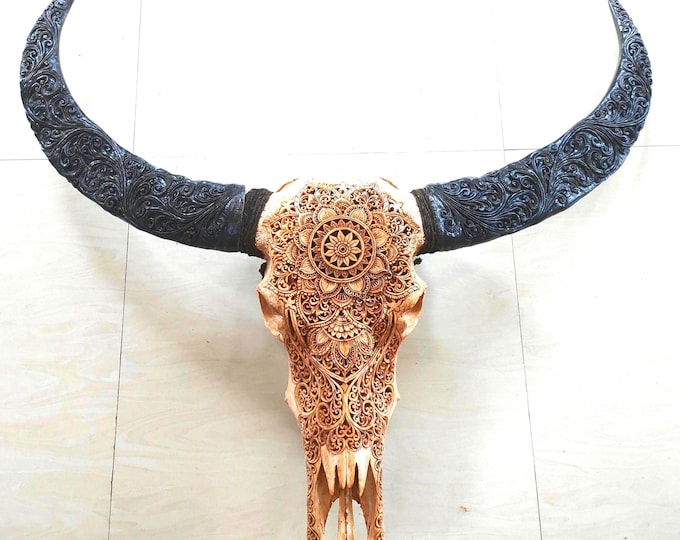 Featured listing image: Carved Buffalo Skull – Natural Bone Mandala Wall Art | Handcrafted Balinese Tribal Decor | Boho Rustic Home Wall Hanging | Ethically Sourced