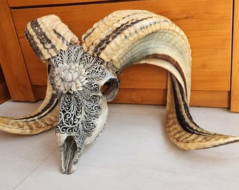 Hand Carved Ram Skull Lotus Mandala | Gothic Boho Western Decor