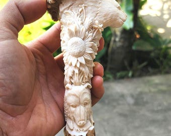 Deer antler carving sun flower bear wolf for handle