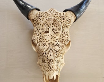 carved cow skull tree of life antic