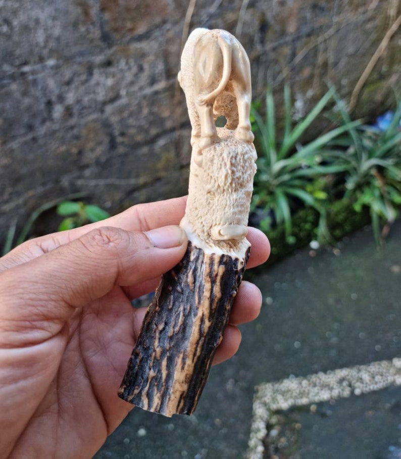 K&ouml;nnte beinhalten: Ein handgeschnitzter Holzgriff f&uuml;r ein Messer mit einer detaillierten Schnitzerei eines Stiers auf der Oberseite. Der Griff ist aus Geweih und hat ein Muster in Dunkelbraun und Hellbraun.