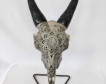 Carve goat skull mandala star grey