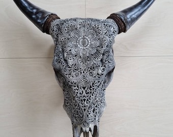 carved cow skull mandala grey