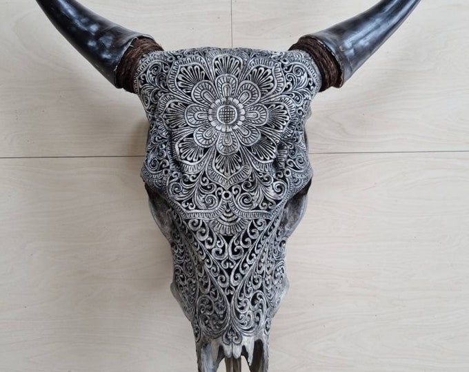 carved cow skull mandala grey
