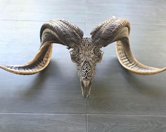 Hand Carved Ram Skull Lotus Mandala | Gothic Boho Western Decor