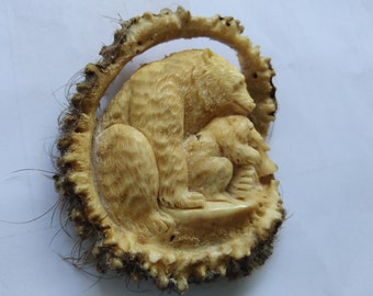 Antler carving mother bear and baby for pendant