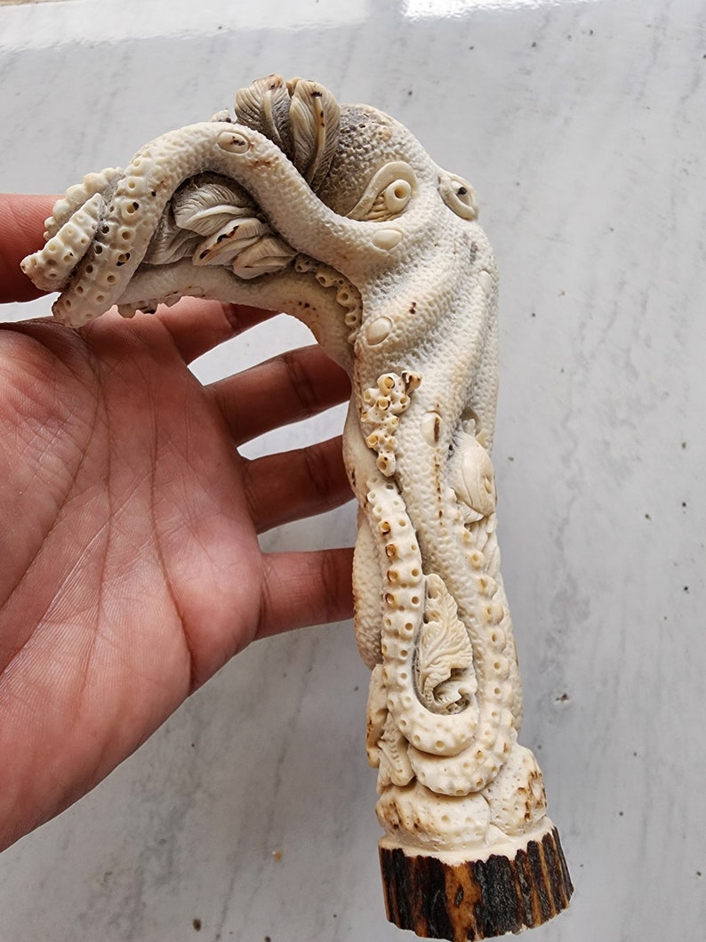May include: A detailed, ivory-colored sculpture of an octopus, carved with intricate details. The octopus's tentacles wrap around a central form, with a textured surface and visible suckers. The base is a dark brown, possibly wood or antler.