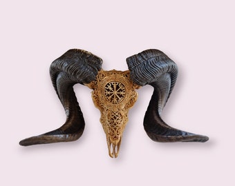 carved ram skull carving viking antic HUGE