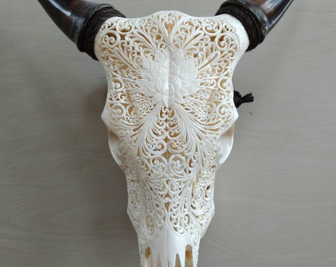 carved cow skull carving lotus
