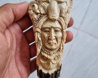 Deer antler carving Indian relieft for handle