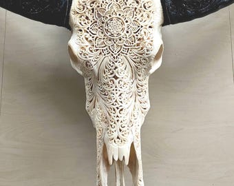 Hand Carved Buffalo Skull Wall Decor – Mandala Bone Art – Rustic Tribal Home Decor
