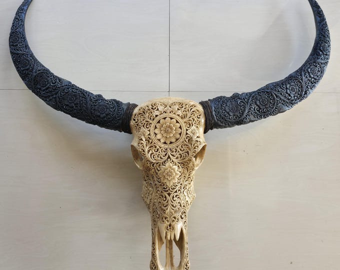 Carved Buffalo Skull – Natural Bone Mandala Wall Art | Handcrafted Balinese Tribal Decor | Boho Rustic Home Wall Hanging | Ethically Sourced