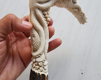 Deer antler carving octopus for cane handle