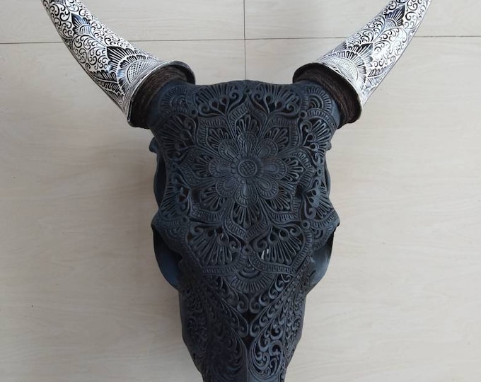 carved cow skull Mandala black doff
