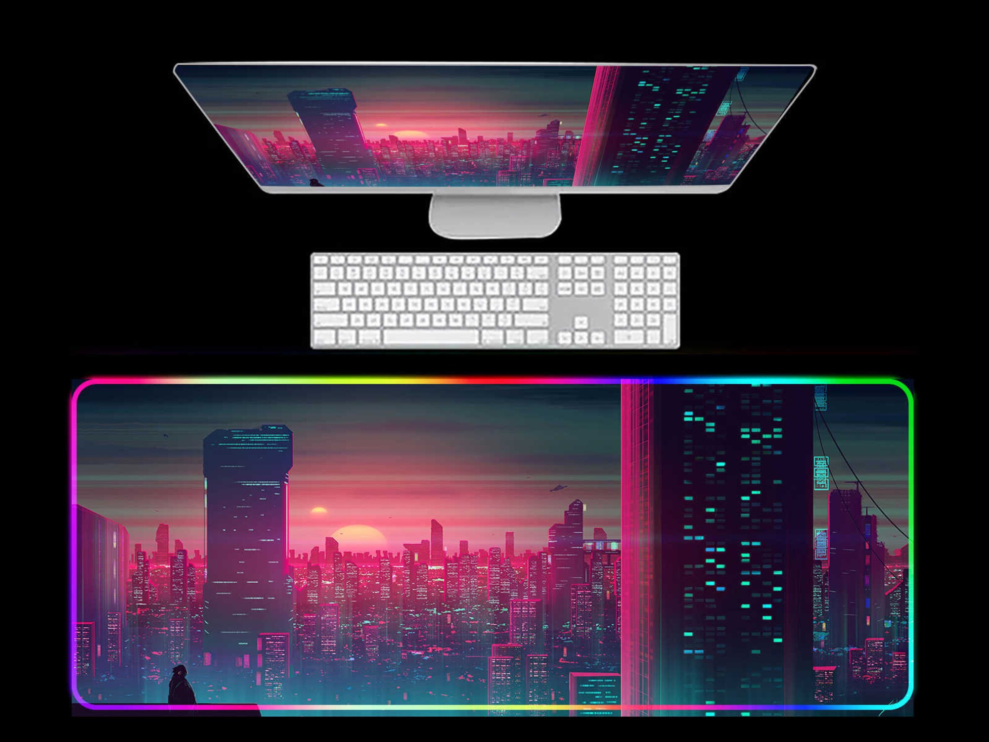 Sunset City Vaporwave RGB Gaming Mouse Pad(2 patterns),Retrowave RGB Gaming Desk Pad