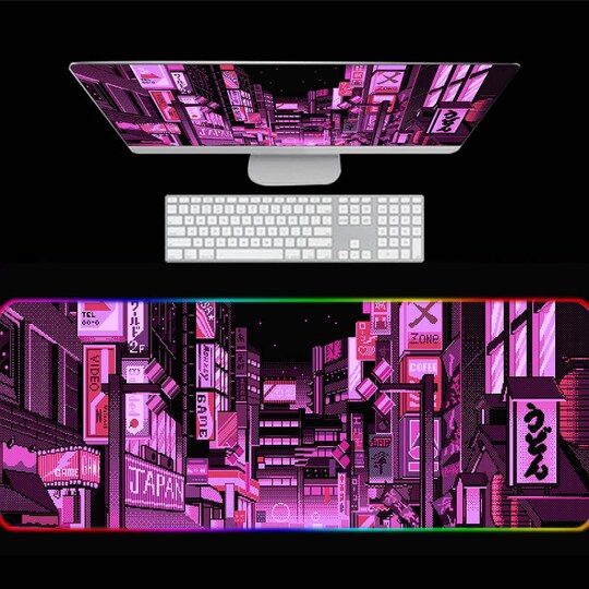 Disover Vaporwave Tokyo Street RGB Gaming Mouse Pad, Pixel Art Gaming Desk Mat