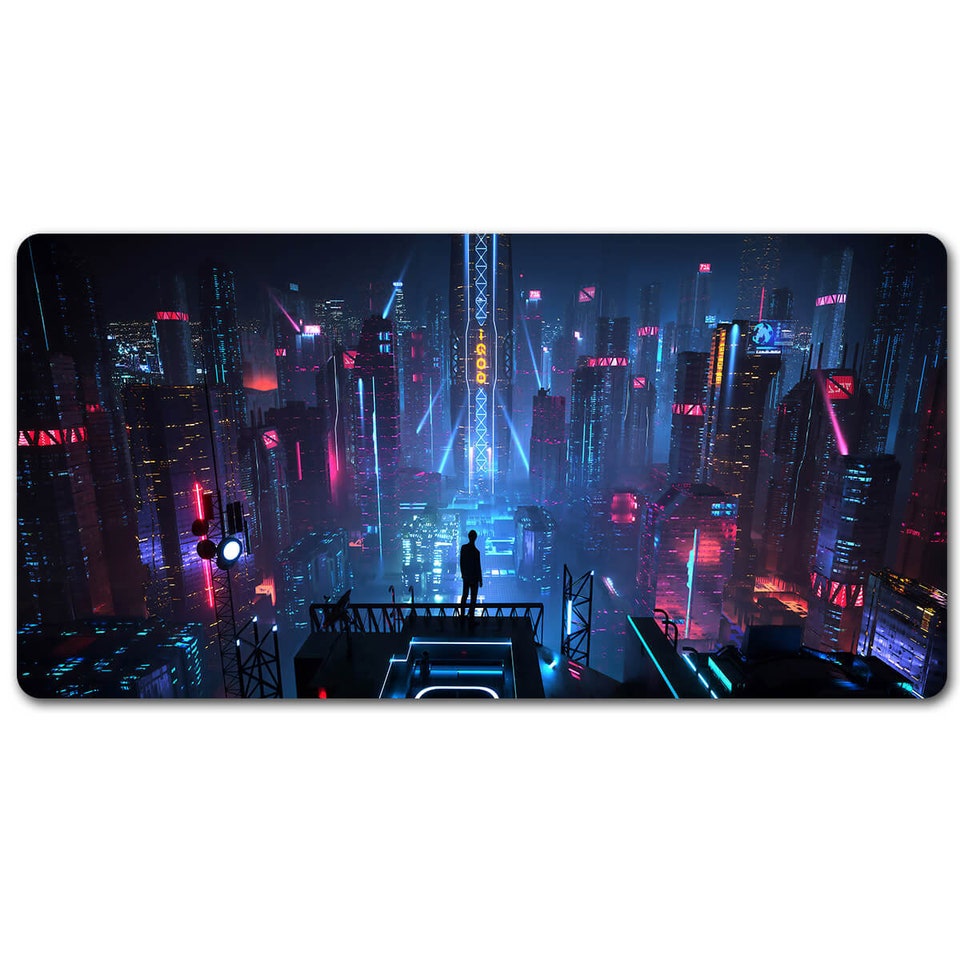 Cyberpunk Anime Girl Desk Pad Protector,Cyberpunk City Gaming Mouse Pad,Vaporwave  City Desk Mat sold by Well-Known Newscast, SKU 5451761