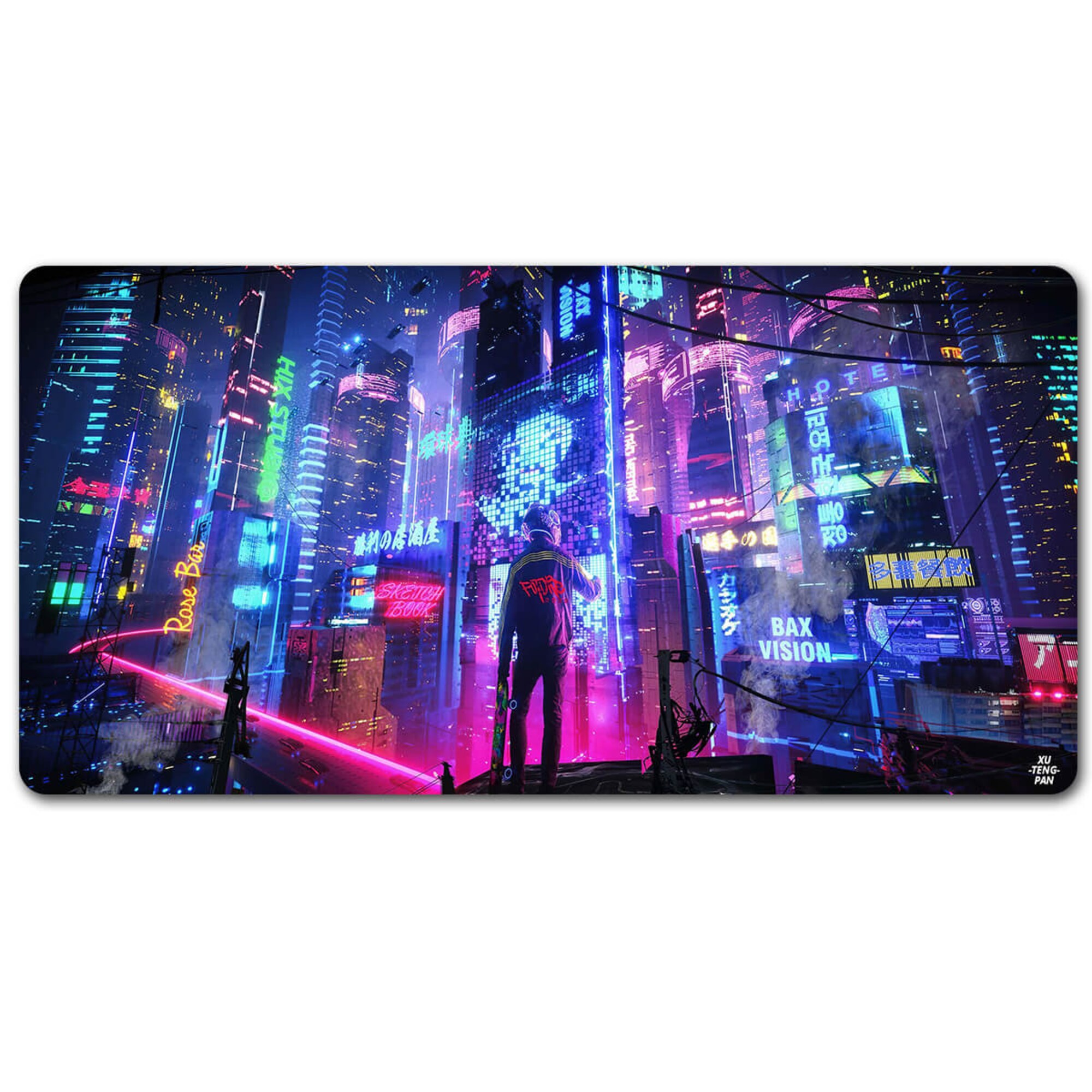 Cyberpunk City Desk Pad(2 Patterns), Retro Vaporwave City Gaming Desk Pad, Neon City Large Gaming Mouse Pad XXL,Japanese City Desk Decor