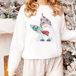 Christmas gnome sweatshirt, white long-sleeved sweater with charming gnome print