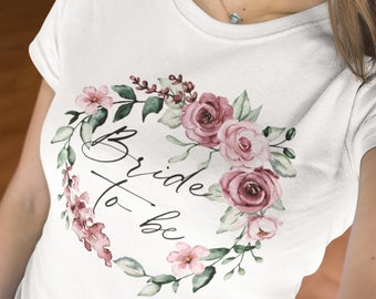 T-shirt de la future mariée en couronne de fleurs romantique pour la JGA, T-shirt classique en coton blanc en coupe unisexe