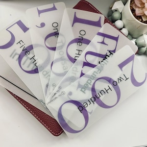 以下が含まれることがあります： 「Five Hundred」や「Two Hundred」などの大きな紫色の数字とテキストが書かれた半透明のカードのコレクション。カードは扇状に広げられ、背景にはバーガンディ色の革の財布が見えます。「Fully Funded」というテキストも表示されています。