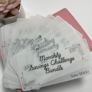 Op de afbeelding: Een bundel doorschijnende kaarten met de tekst "Monthly Savings Challenge Bundle" in zwart schrift. De kaarten zijn uitgespreid, met het woord "Januari" zichtbaar. De kaarten zijn ontworpen om €1500 te sparen.