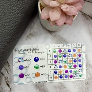May include: A white savings challenge card with a bubble design and the text "Burst your Bubble Savings challenge." The card features a grid with bubble illustrations and corresponding dollar amounts. A pink succulent in a white pot is in the background.
