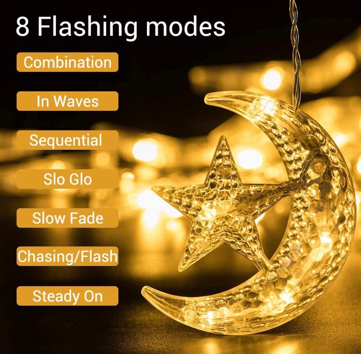 Crescent moon and on sale star string lights