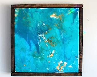 Original Mixed Acryl Medium Gemälde. Strand Kunst, Ozean Kunst, Abstrakt, Resin Kunst, Blau Gold, Original Gemälde Auf Leinwand WARMTH