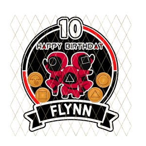 May include: A birthday cake topper featuring two red figures with geometric shapes, a black circle with the text "10 HAPPY BIRTHDAY" and the name "FLYNN". The design includes shapes of an umbrella, a circle, a square, and a triangle.