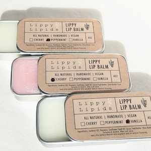 All Natural Lip Balms in Tin Container (Cherry, Vanilla, and Peppermint)