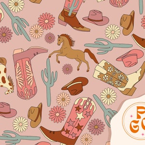 Boho Western Cowgirl Boots Cute Cactus Seamless Repeat Pattern Boho Neutral for Commercial Use