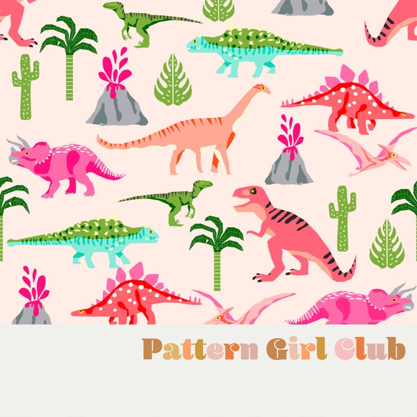 Dinosaurs Kids Pink and Green Girls Seamless Repeat Pattern Boho Neutral for Commercial Use