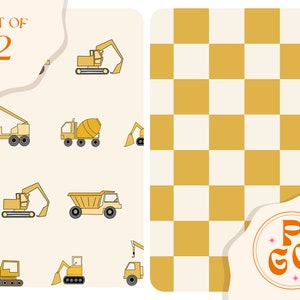 May include: A set of two construction-themed illustrations. One side features various yellow construction vehicles like excavators and cement mixers on a cream background. The other side has a yellow and white checkered pattern.