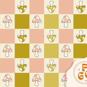 Vintage Mushrooms Checkerboard Retro Colors Seamless Repeat Pattern Boho Neutral for Commercial Use