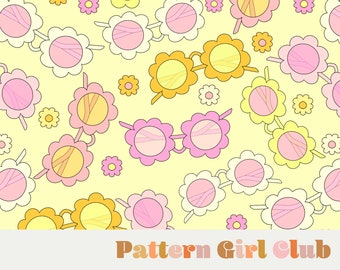 Vintage Sunnies Summer sunglasses cute floral Seamless Repeat Pattern Boho Neutral for Commercial Use