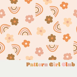 Retro Floral and Rainbows Seamless Repeat Pattern Boho Neutral for Commercial Use