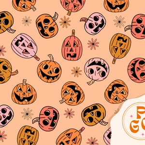 Floral Pumpkins Cute Hippie Groovy Halloween Seamless Pattern
