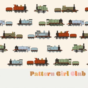 Trenes de vapor, locomotoras, vagones, vagones de cola para niños Patrón de repetición sin costuras Boho Neutral para uso comercial