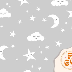 Moon and Stars Grey Nursery Seamless Repeat Pattern Boho Neutral for Commercial Use