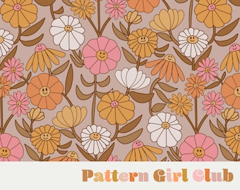 Happy Flowers Retro Floral Seamless Rapport Muster Boho Neutral für kommerzielle Nutzung