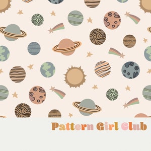 Planets Space Kids Seamless Repeat Pattern Boho Neutral for Commercial Use