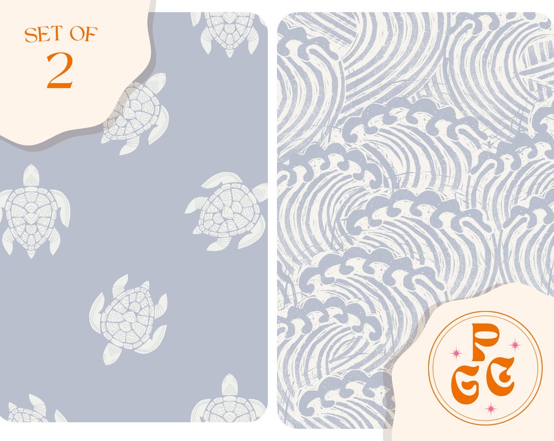 SET of 2 Sea Turtles and Wave Dusty Blue Seamless Repeat Pattern Boho ...