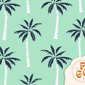 Summer Palm Tree Mint and Navy Summer Tropical Seamless Repeat Pattern for Commercial Use