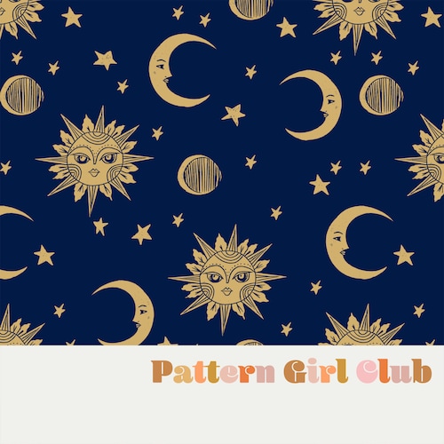 Sun Moon Stars Celestial Witchy Boho Navy Yellow Seamless - Etsy