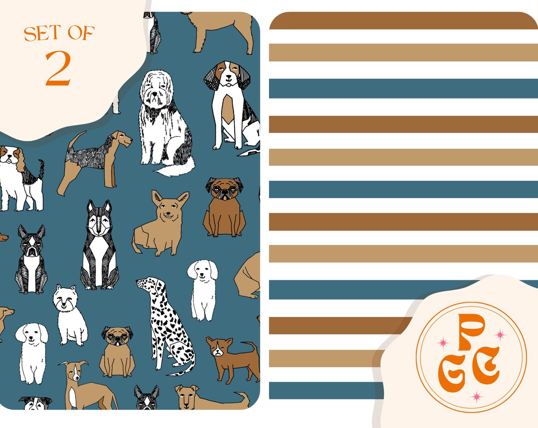 SET of 2 Dogs and Coordinating Stripes Seamless Repeat Pattern Boho ...